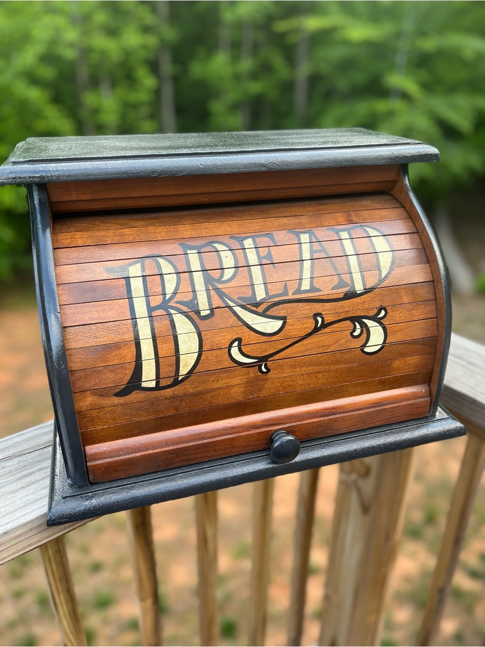 VINTAGE Wooden Roll-Top Bread Box with Painted Lettering